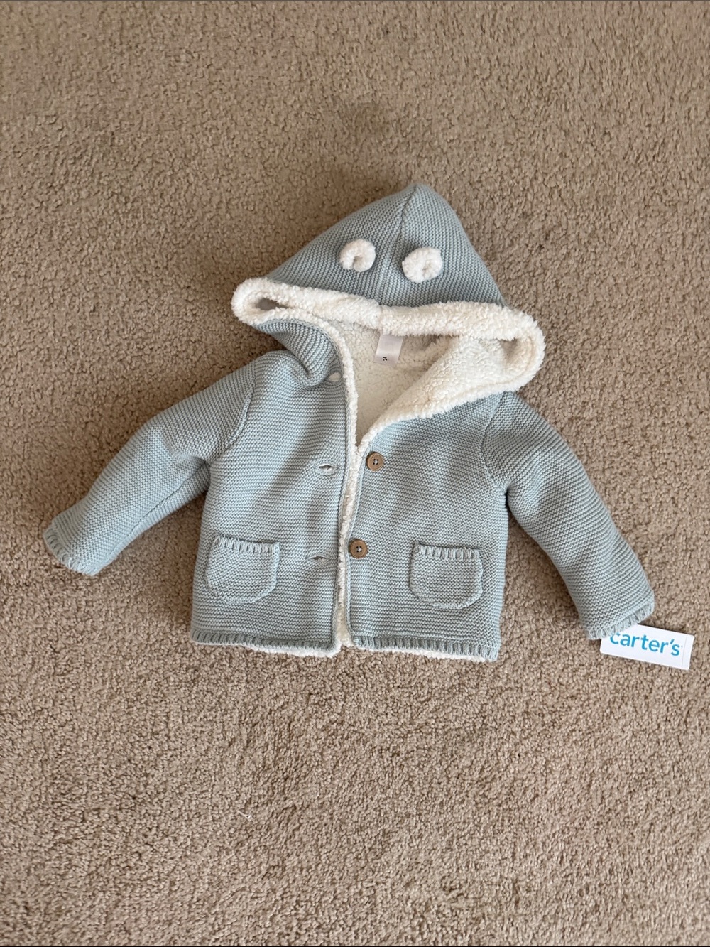 Carter's Knit Hooded Baby Jacket - Sage Green with Cream Sherpa Trim